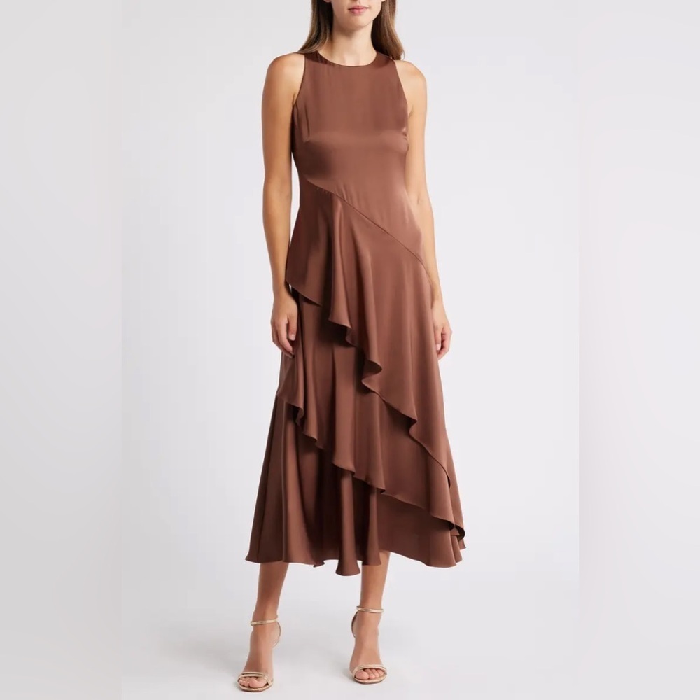 NWT Parker Angie Layered Ruffle Satin Maxi Dress Formal Wedding Brown Umber 12